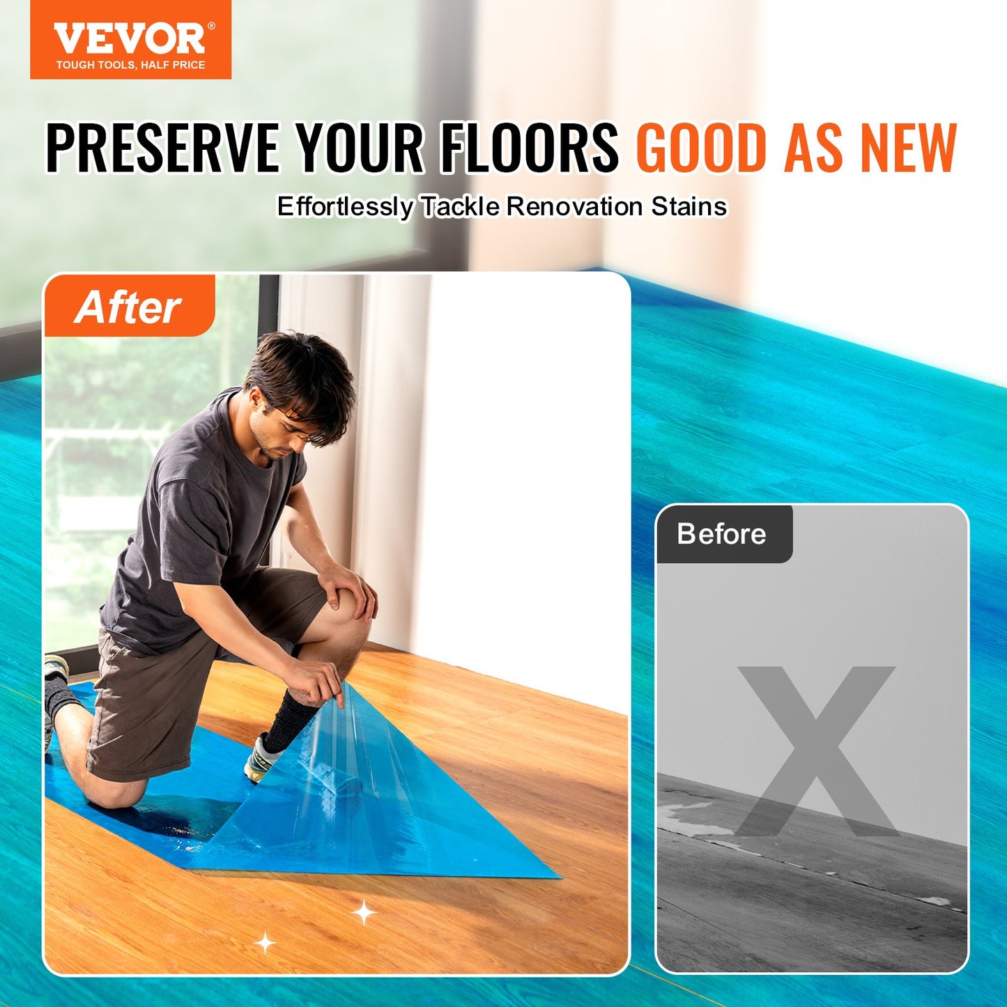 VEVOR Floor Protection Film 24" x 200' Self Adhesive Car Mat Protector PE Blue