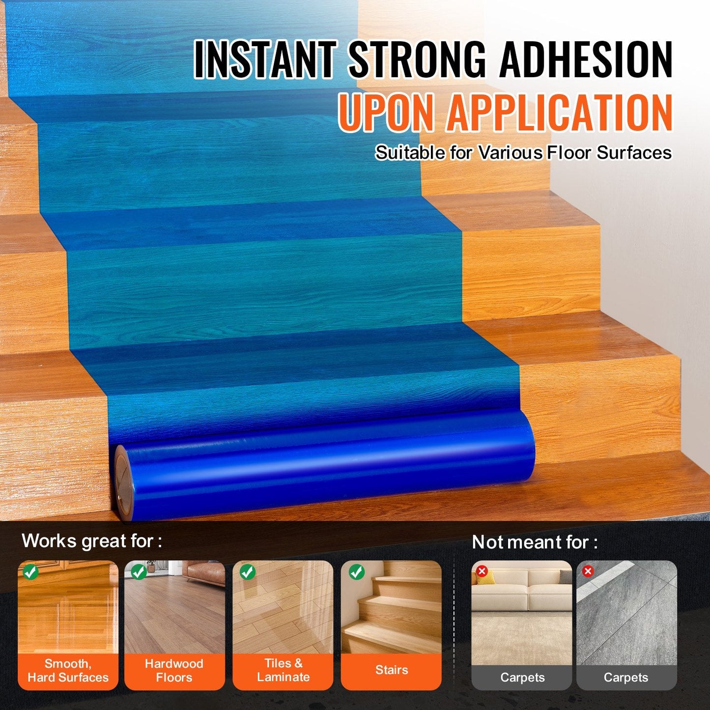 Blue PE Self-Adhesive Floor Protection Film, 0.075mm Thick, 60.96m Long