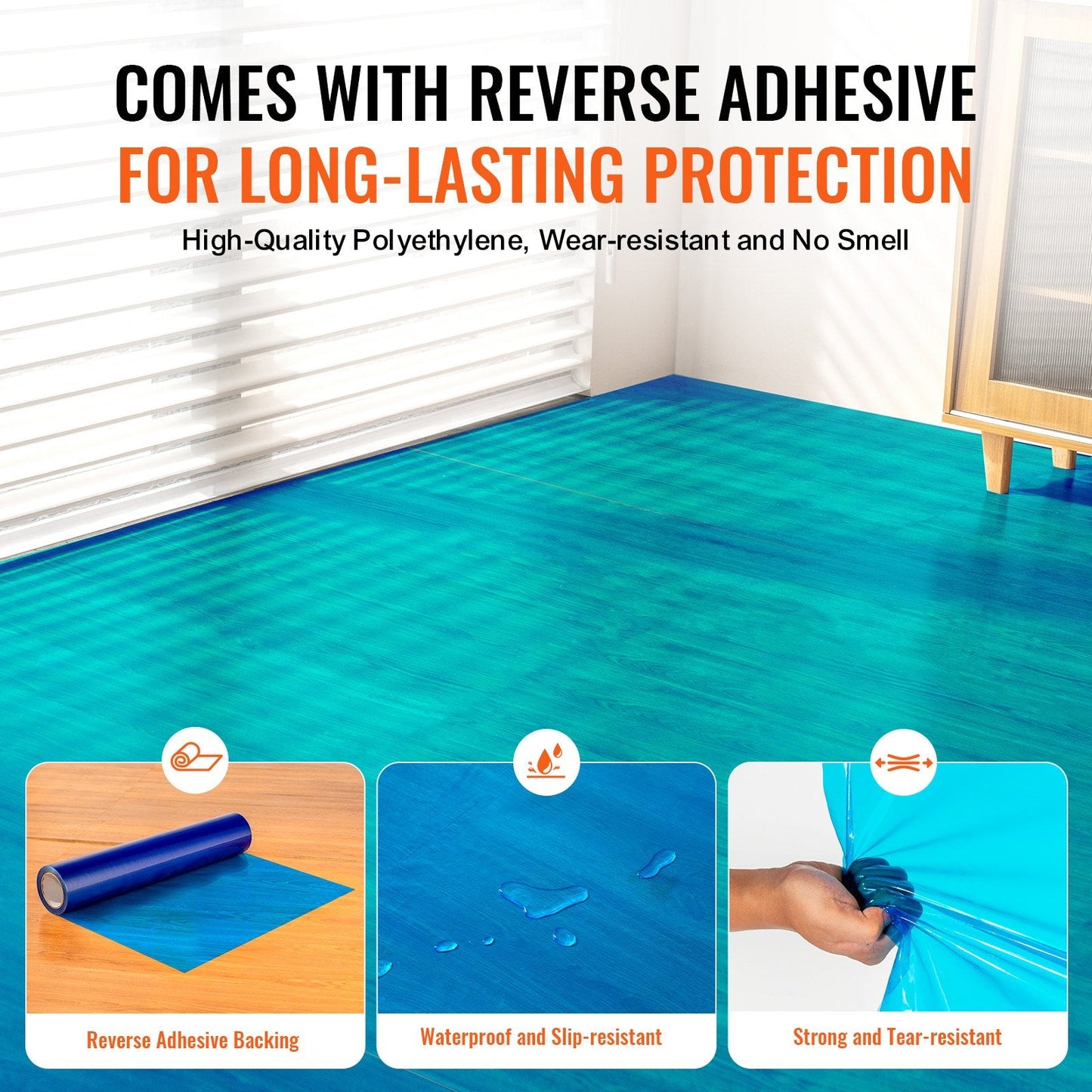 Blue PE Self-Adhesive Floor Protection Film, 0.075mm Thick, 60.96m Long