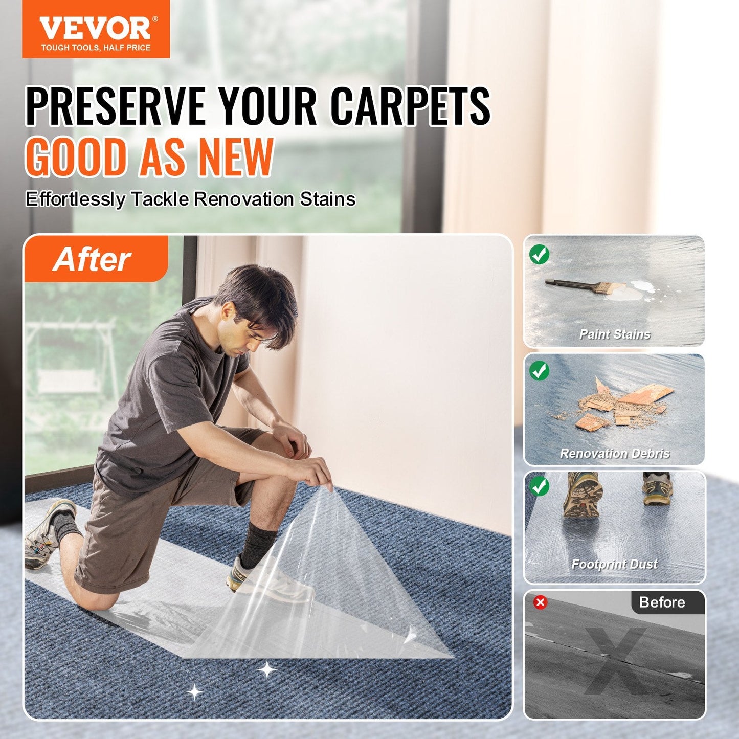 Transparent Carpet Protection Film, 0.6m x 60.96m, Self-Adhesive & Easy Install