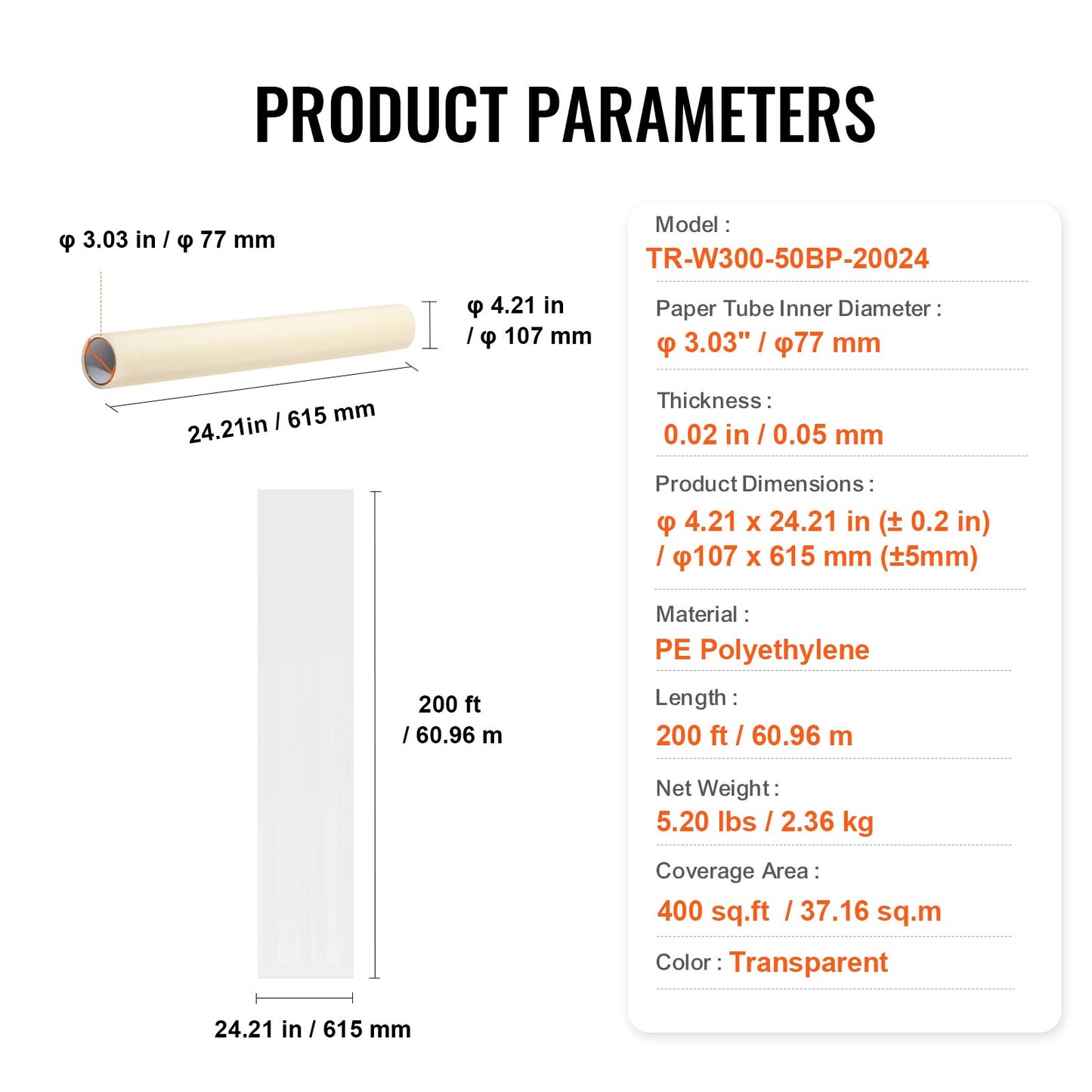 VEVOR Carpet Protection Film, 24" x 200' Floor and Surface Shield with Self Adhesive