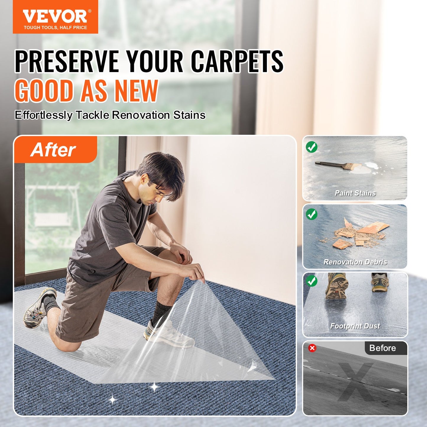 VEVOR Carpet Protection Film, 36" x 200' Floor and Surface Shield with Self Adhesive