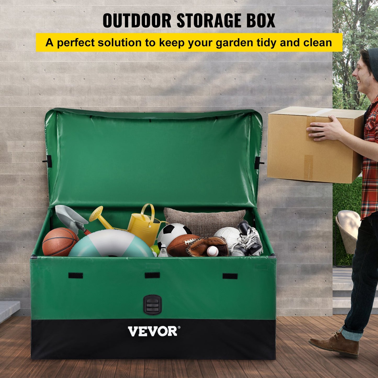 VEVOR Outdoor Storage Box, 100Gal Waterproof PE Tarpaulin Deck Box w/ Galvanized