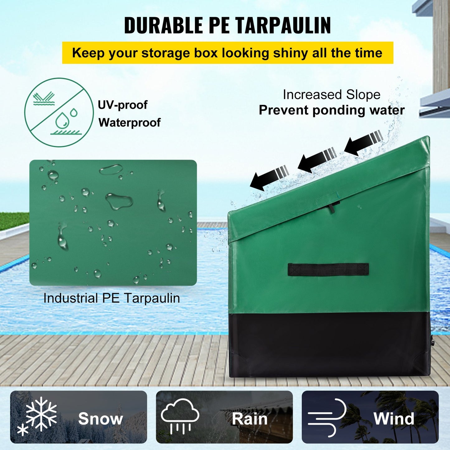 VEVOR Outdoor Storage Box, 100Gal Waterproof PE Tarpaulin Deck Box w/ Galvanized