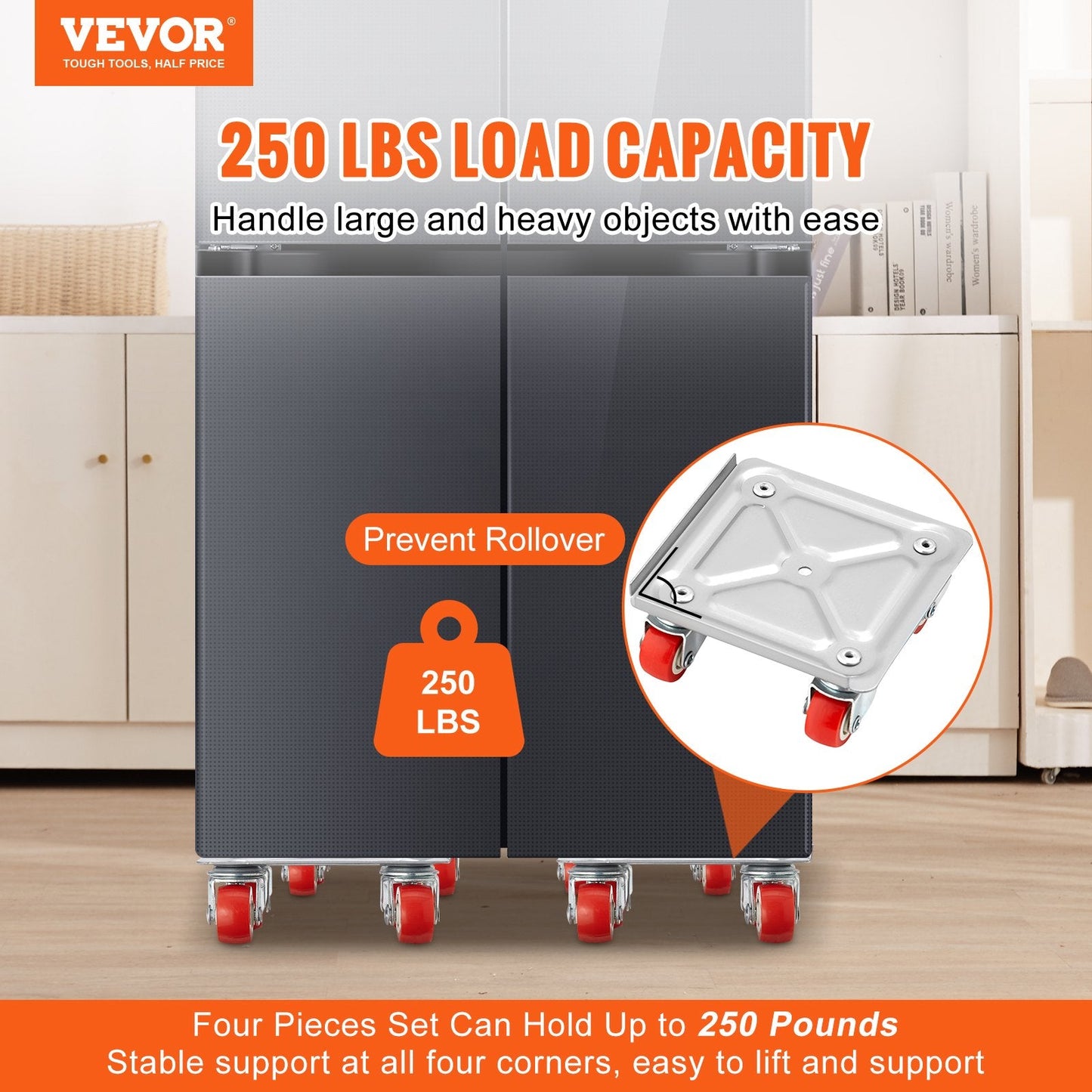 Heavy-Duty Furniture Dolly with 360° Swivel Wheels, 113.4 kg Capacity, 4 Pack
