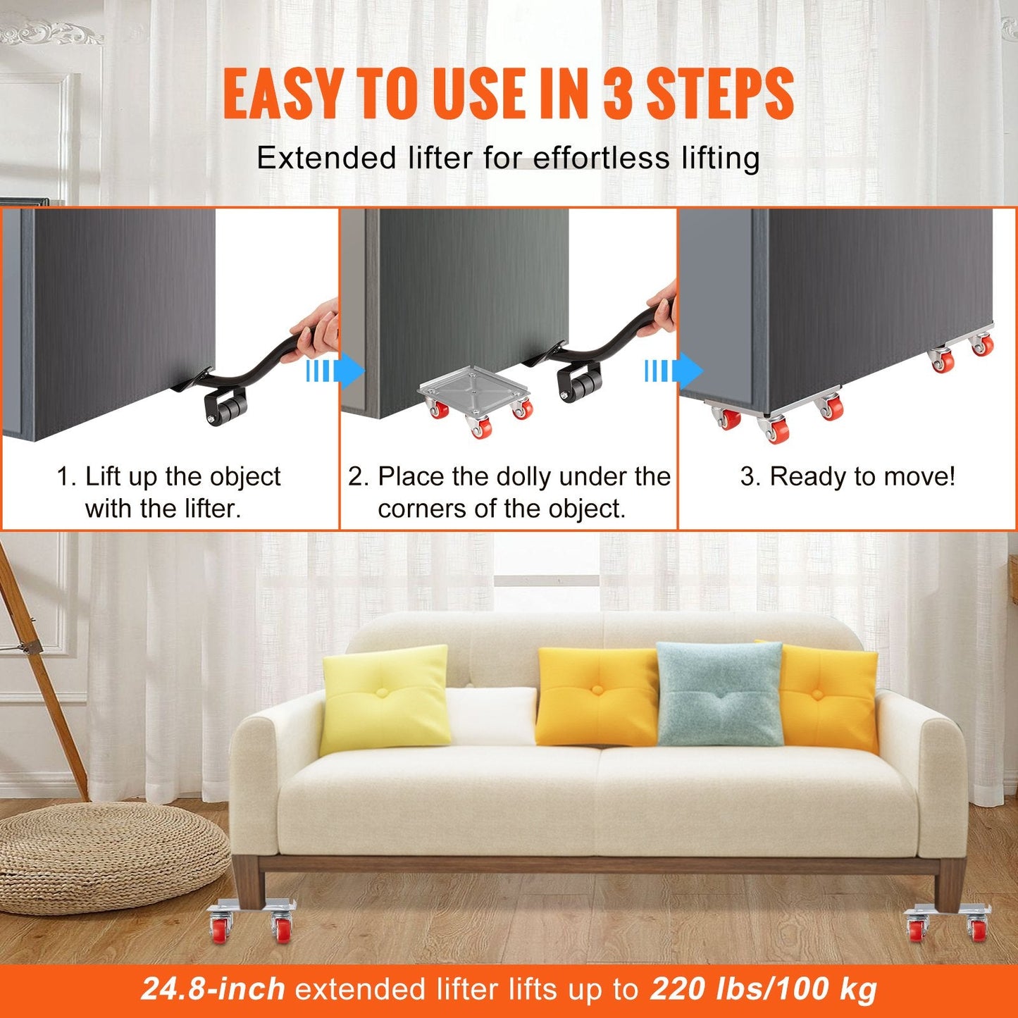 Heavy-Duty Furniture Dolly with 360° Swivel Wheels, 113.4 kg Capacity, 4 Pack
