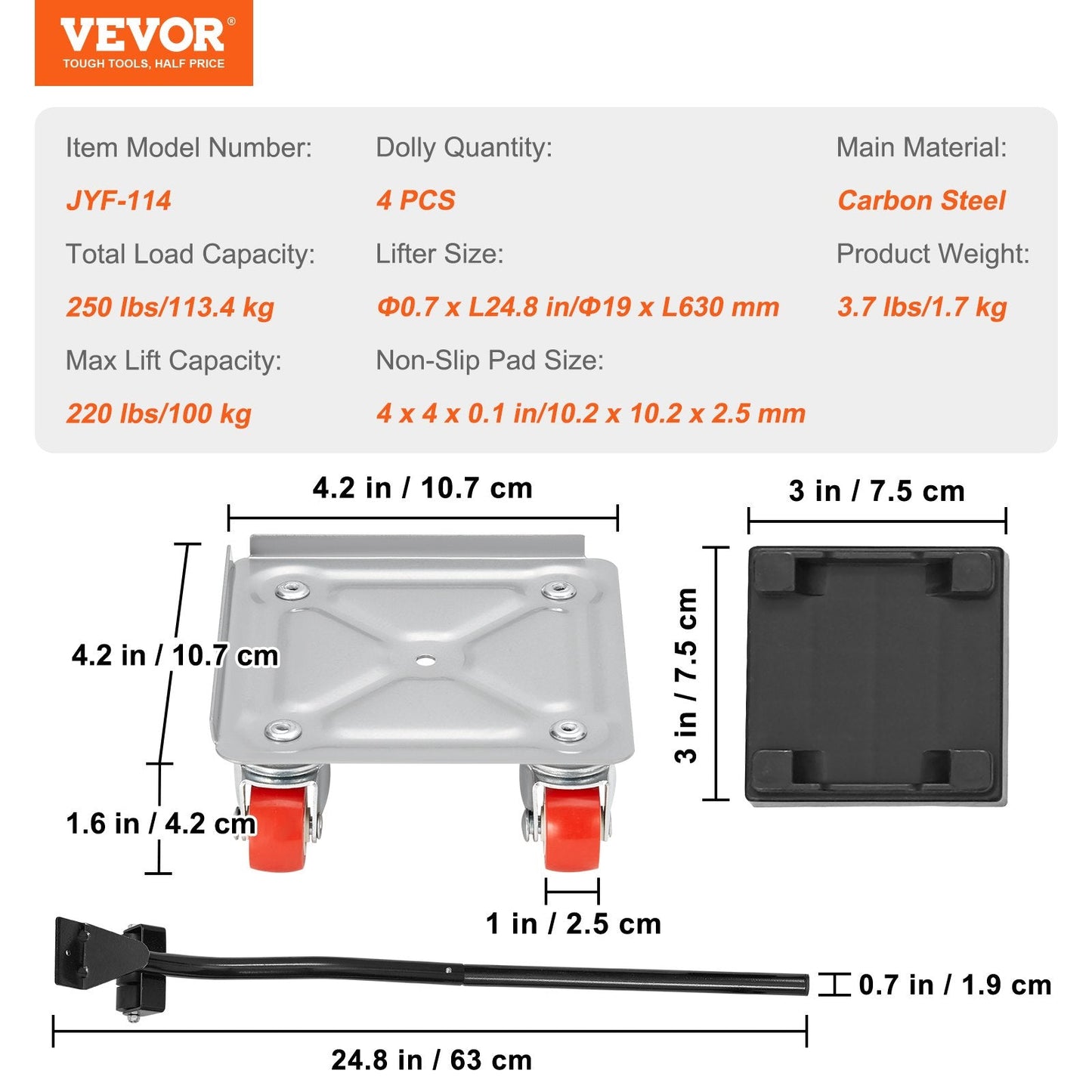 Heavy-Duty Furniture Dolly with 360° Swivel Wheels, 113.4 kg Capacity, 4 Pack