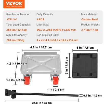 Heavy-Duty Furniture Dolly with 360° Swivel Wheels, 113.4 kg Capacity, 4 Pack
