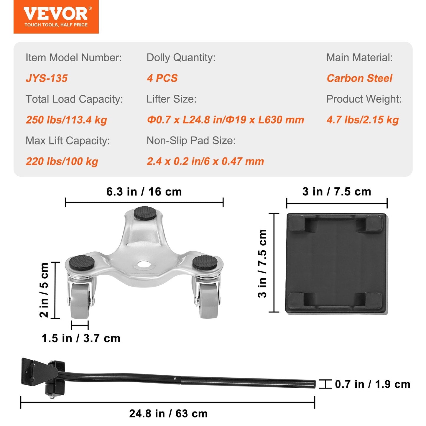 Heavy-Duty Steel Tri-Dolly Set, 4PCS, 113 kg Capacity, 360° PP Wheels