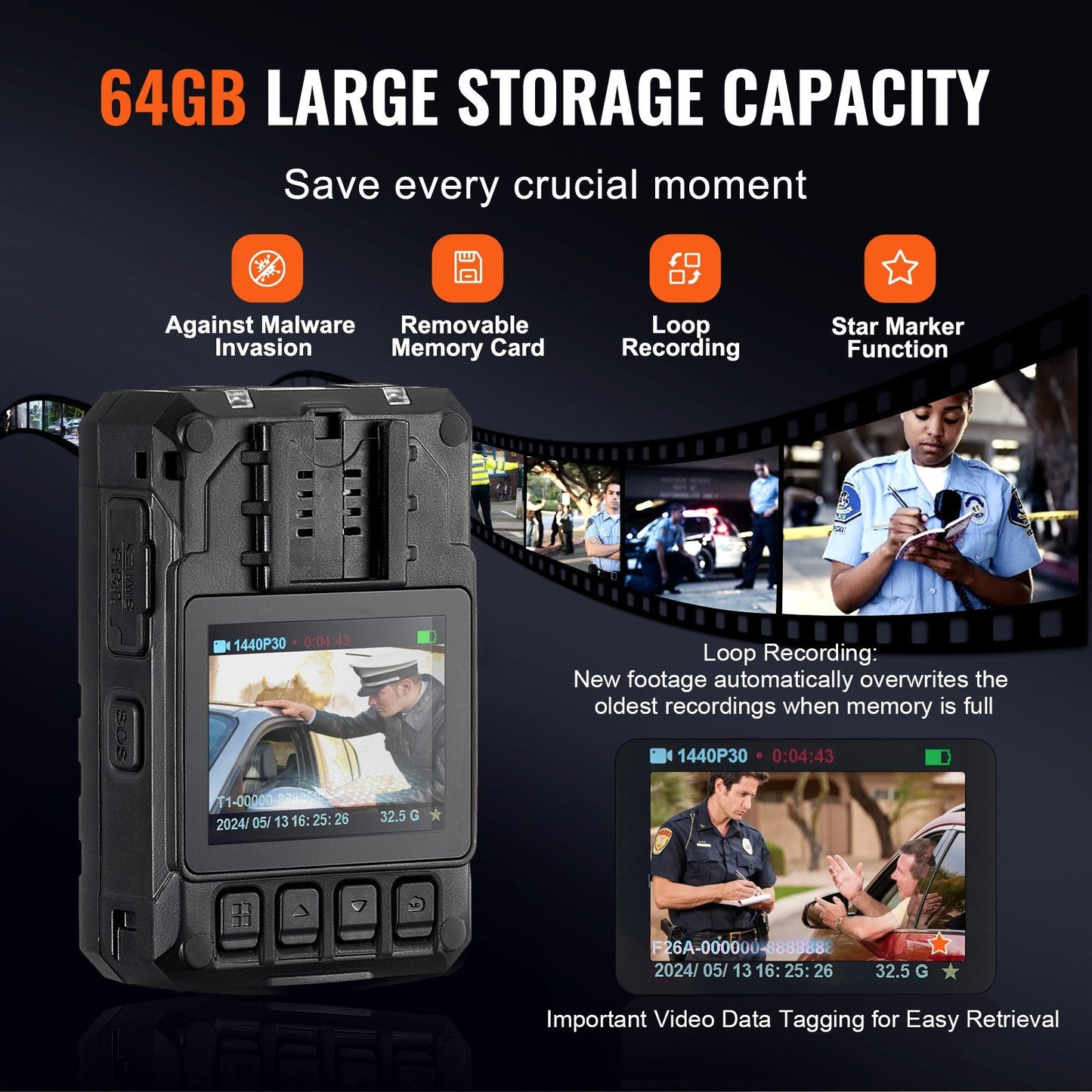 HD 1440P Police Body Camera with 64GB, Night Vision, GPS & 3500mAh Battery