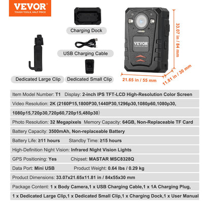 VEVOR 1440P HD Police Body Camera, 64GB Body Cam with  io Video Recording Picture,