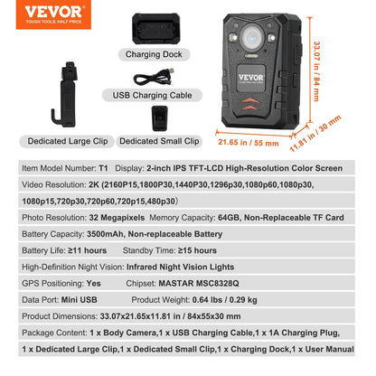 HD 1440P Police Body Camera with 64GB, Night Vision, GPS & 3500mAh Battery