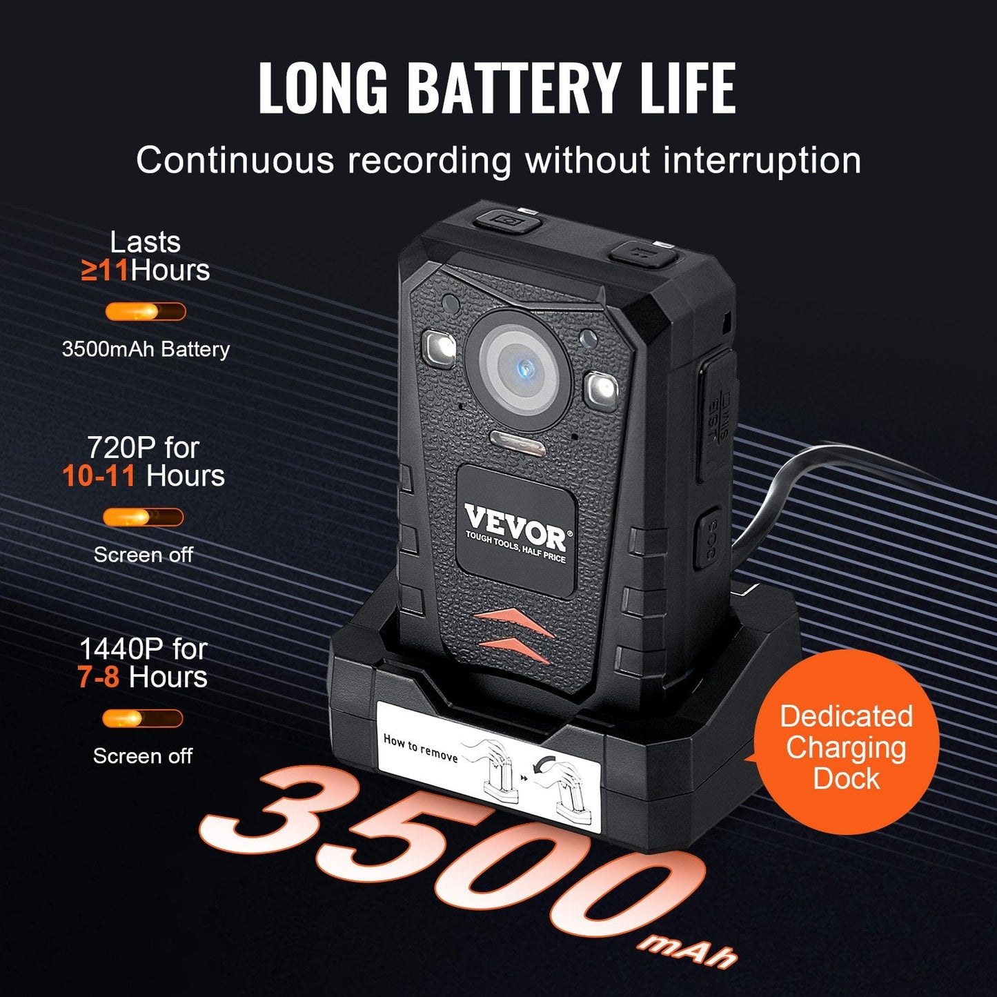 1440P HD Police Body Camera, 128GB, Night Vision, GPS, 0.29 kg, 84x55x30 mm