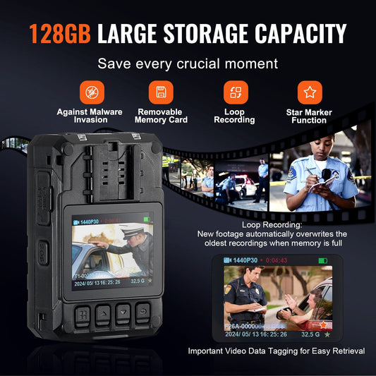 1440P HD Police Body Camera, 128GB, Night Vision, GPS, 0.29 kg, 84x55x30 mm