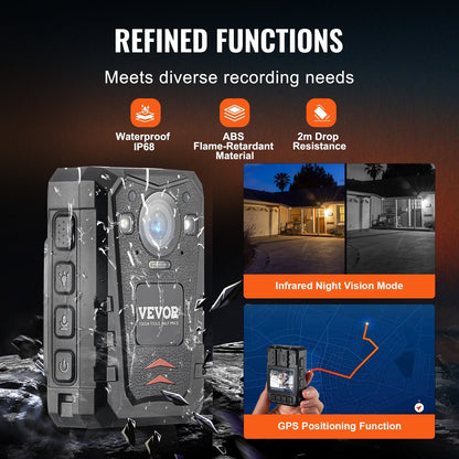 1440P HD Police Body Camera, 128GB, Night Vision, GPS, 0.29 kg, 84x55x30 mm