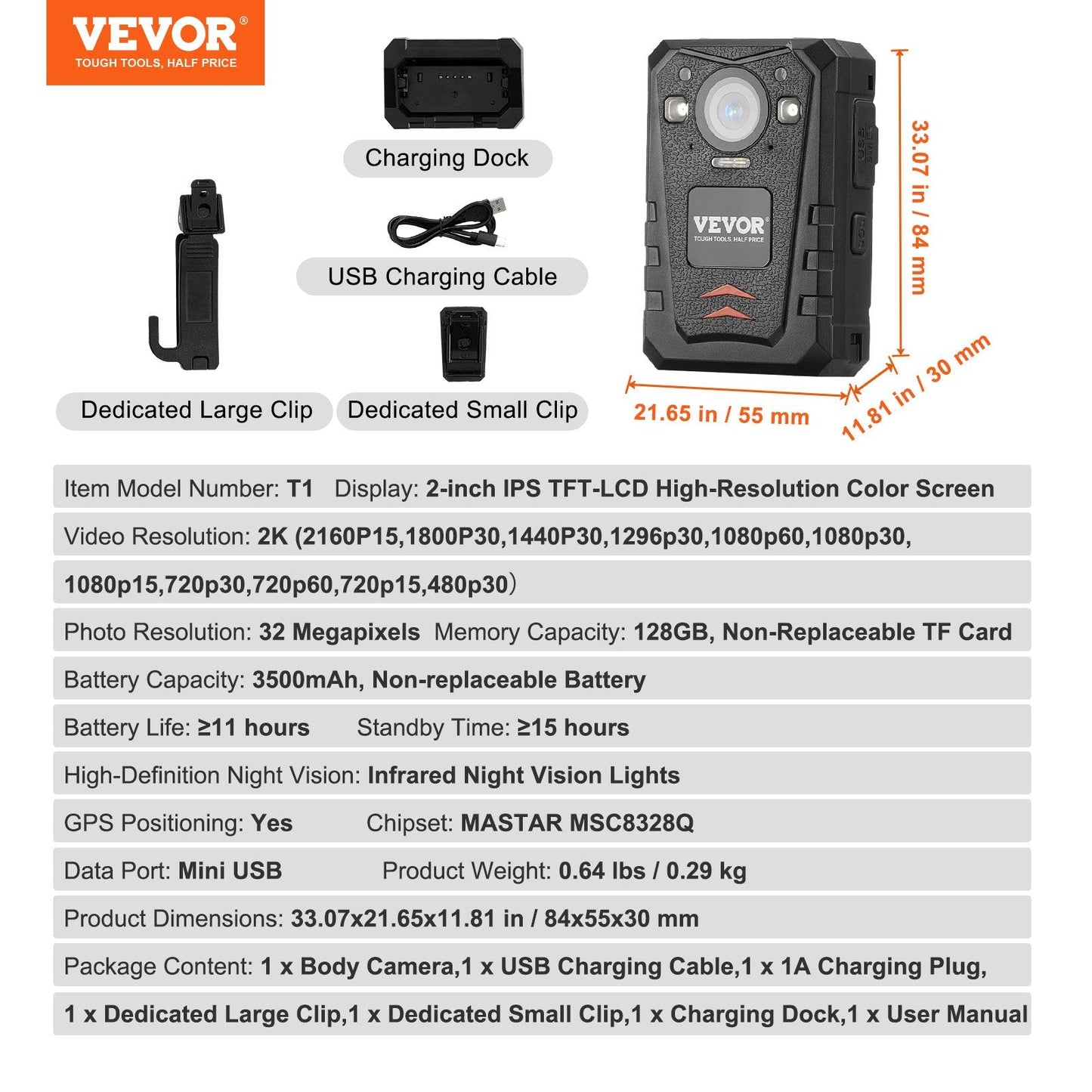 1440P HD Police Body Camera, 128GB, Night Vision, GPS, 0.29 kg, 84x55x30 mm