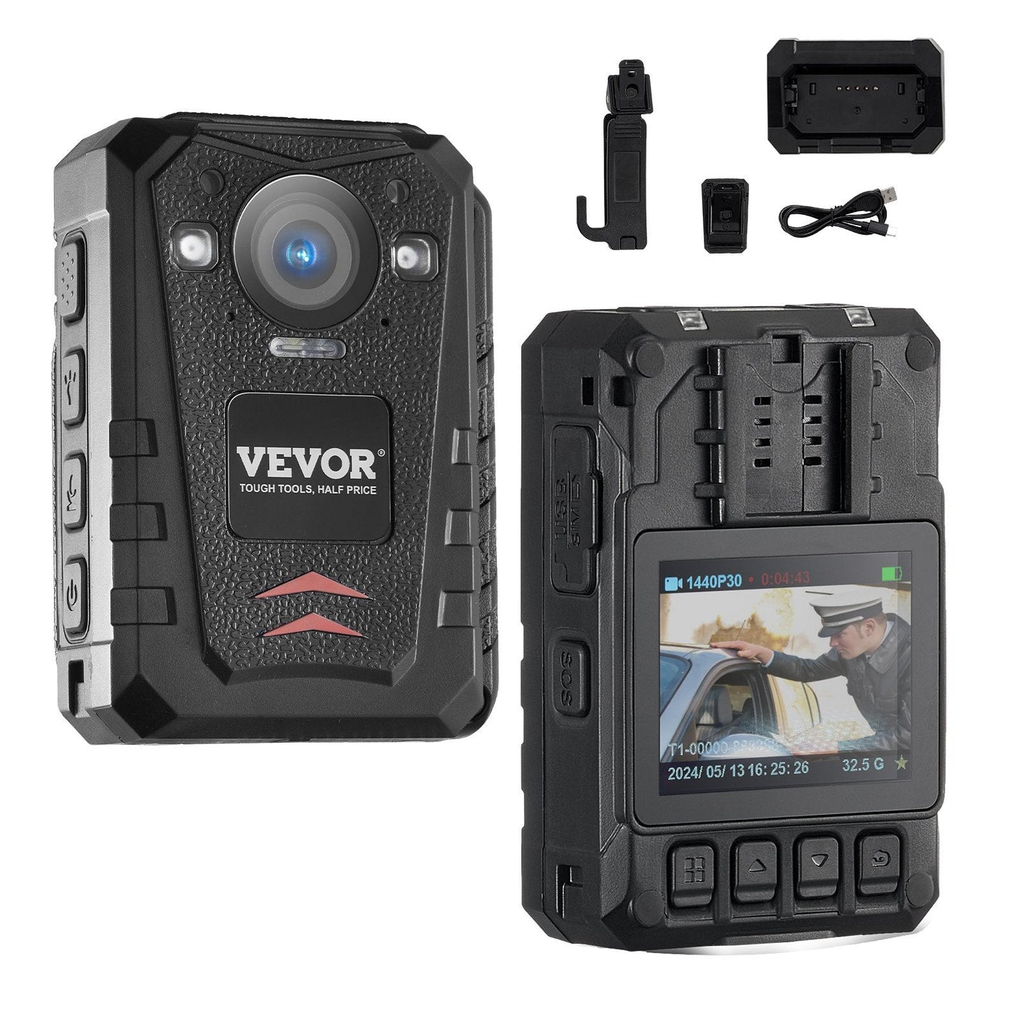 1440P HD Police Body Camera, 128GB, Night Vision, GPS, 0.29 kg, 84x55x30 mm