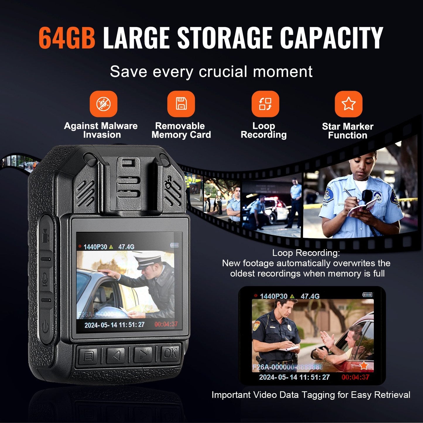 HD Police Body Camera 64GB with Night Vision and 2m LCD Display