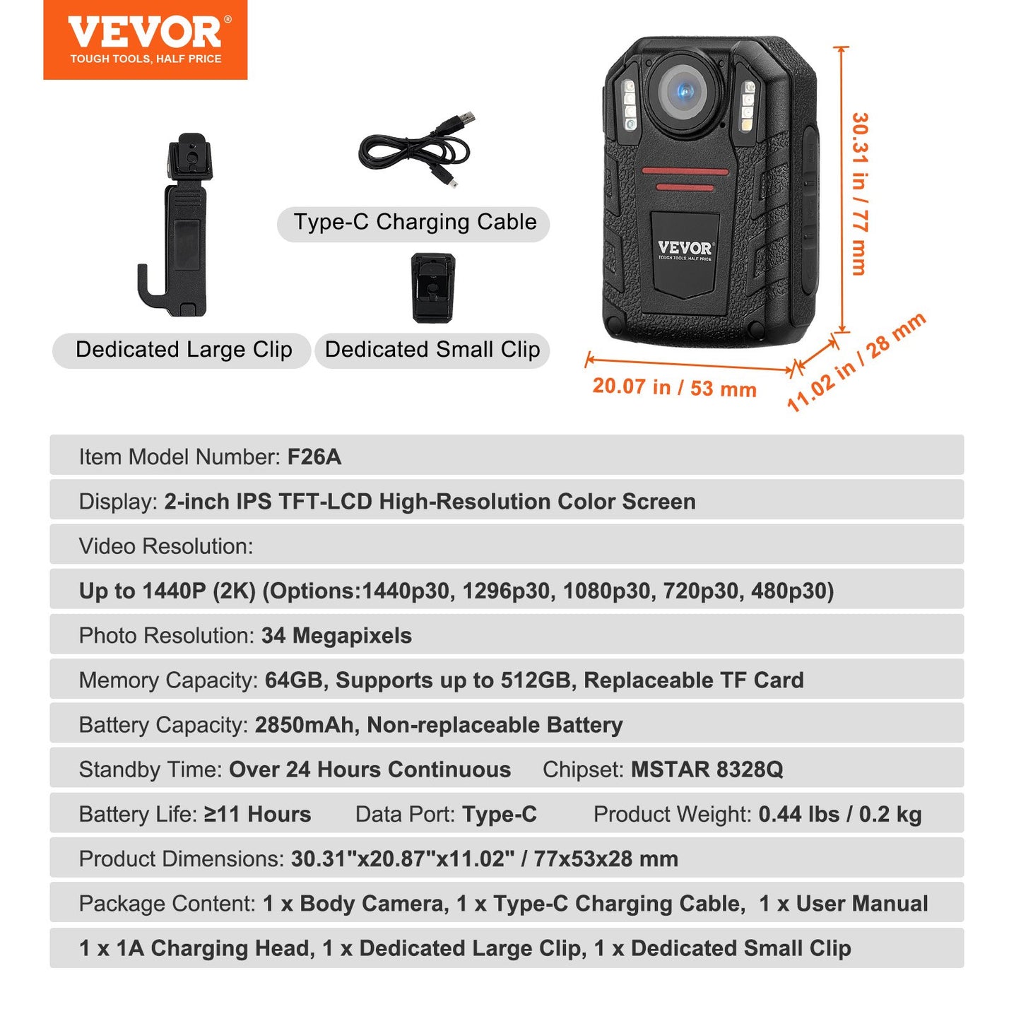 VEVOR 1440P HD Police Body Camera, 64GB Body Cam with  io Video Recording Picture,