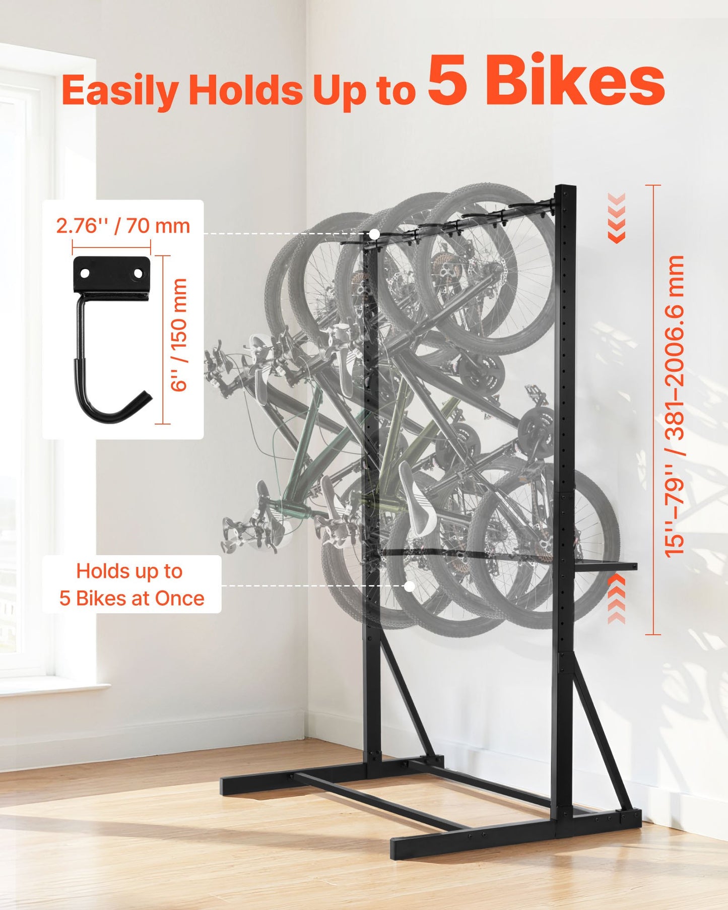 Bike Rack, 300LBS/136KG Capacity for up to 5 Bikes, Freestanding Bike Storage Rack, Carbon Steel Vertical Bicycle Stand for Home, Yard, Garage, Living Room, Indoor/Outdoor Bicycle Storage Stand