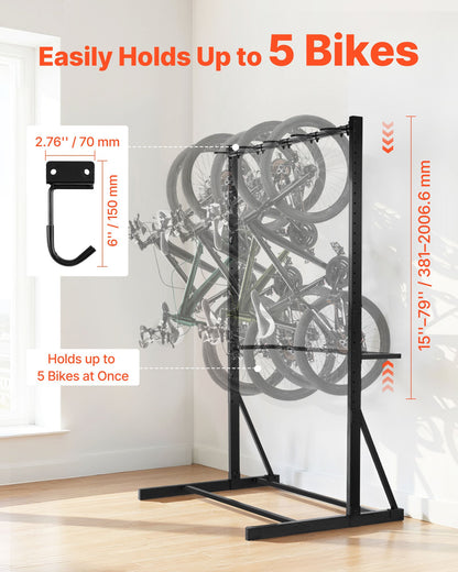 Bike Rack, 300LBS/136KG Capacity for up to 5 Bikes, Freestanding Bike Storage Rack, Carbon Steel Vertical Bicycle Stand for Home, Yard, Garage, Living Room, Indoor/Outdoor Bicycle Storage Stand