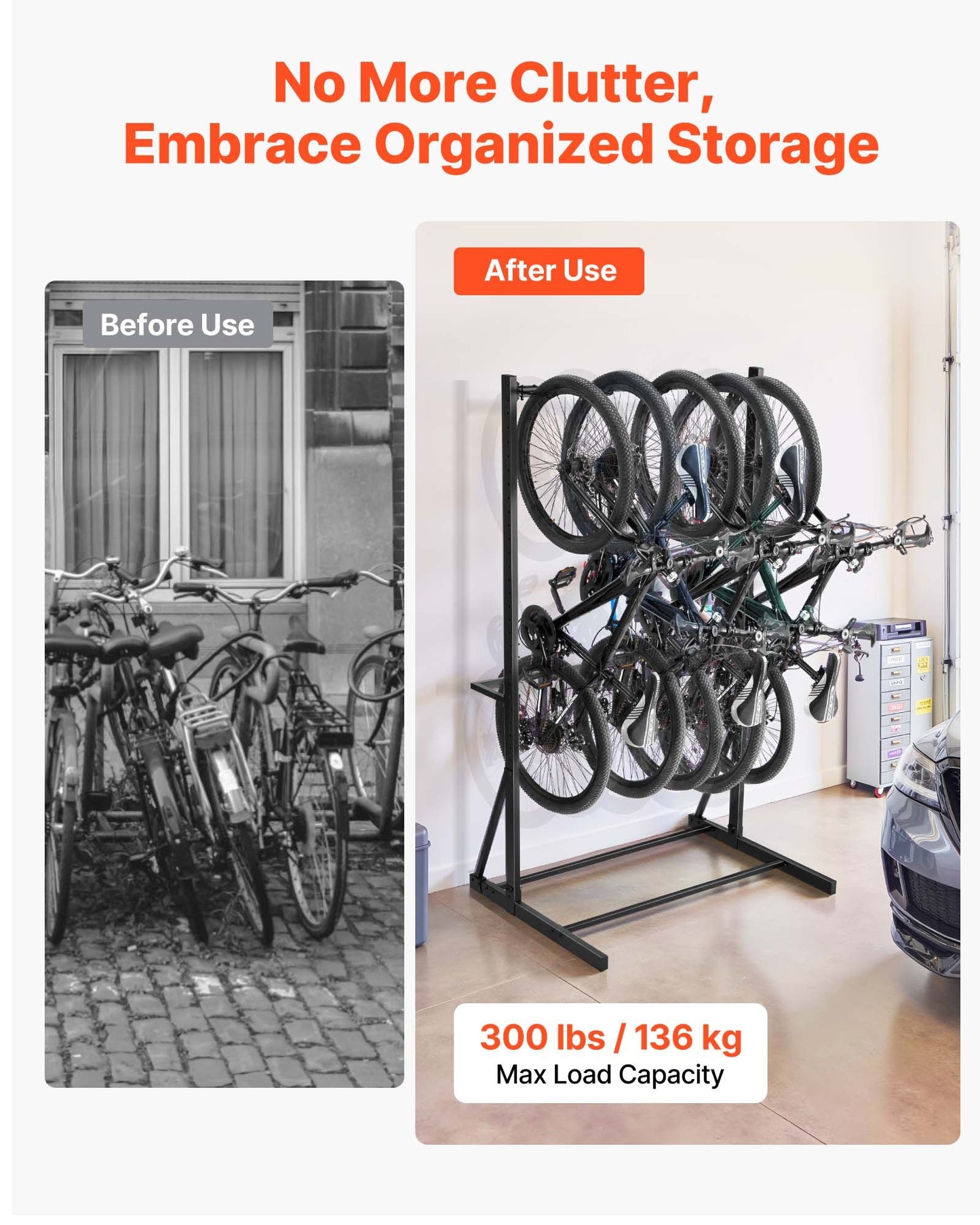 Bike Rack, 300LBS/136KG Capacity for up to 5 Bikes, Freestanding Bike Storage Rack, Carbon Steel Vertical Bicycle Stand for Home, Yard, Garage, Living Room, Indoor/Outdoor Bicycle Storage Stand