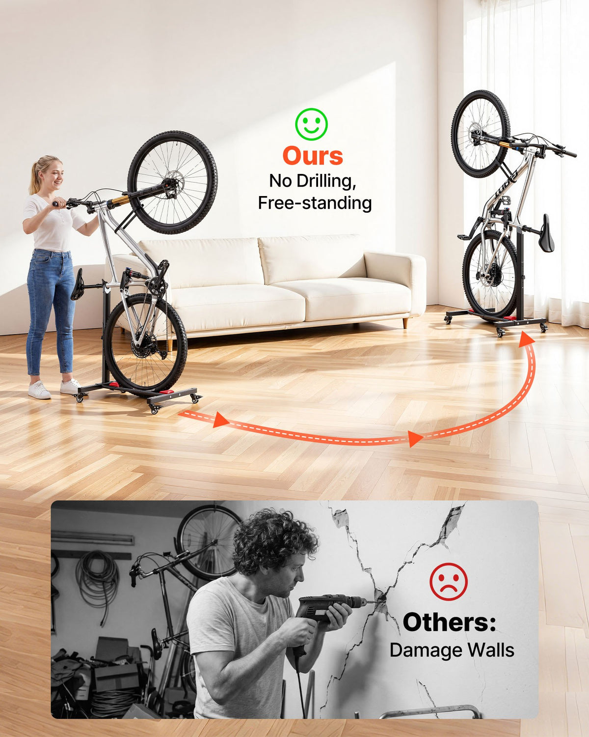 Bike Stand 2 Pack, Freestanding Vertical & Horizontal Bike Storage Rack, with Lockable Casters, Height Adjustable Carbon Steel Upright Garage Bicycle Floor Stand, for 508-737 mm Wheels, Black