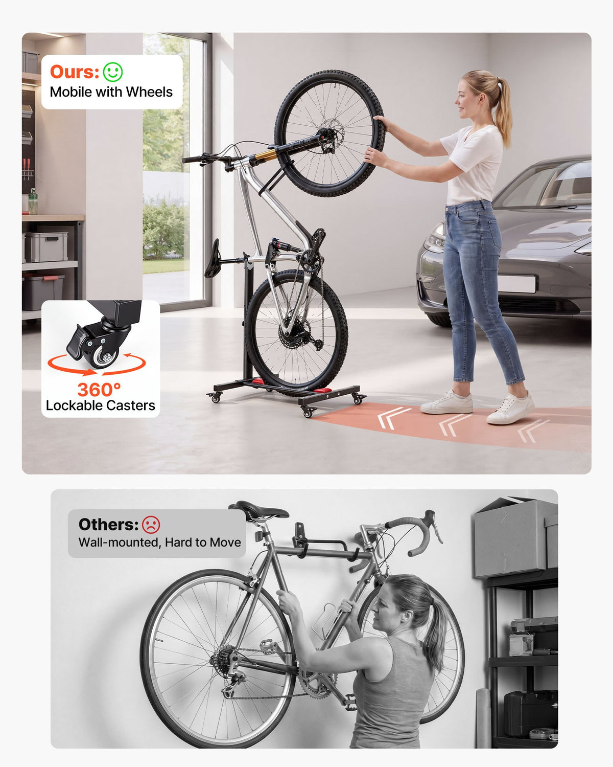 Bike Stand 2 Pack, Freestanding Vertical & Horizontal Bike Storage Rack, with Lockable Casters, Height Adjustable Carbon Steel Upright Garage Bicycle Floor Stand, for 508-737 mm Wheels, Black