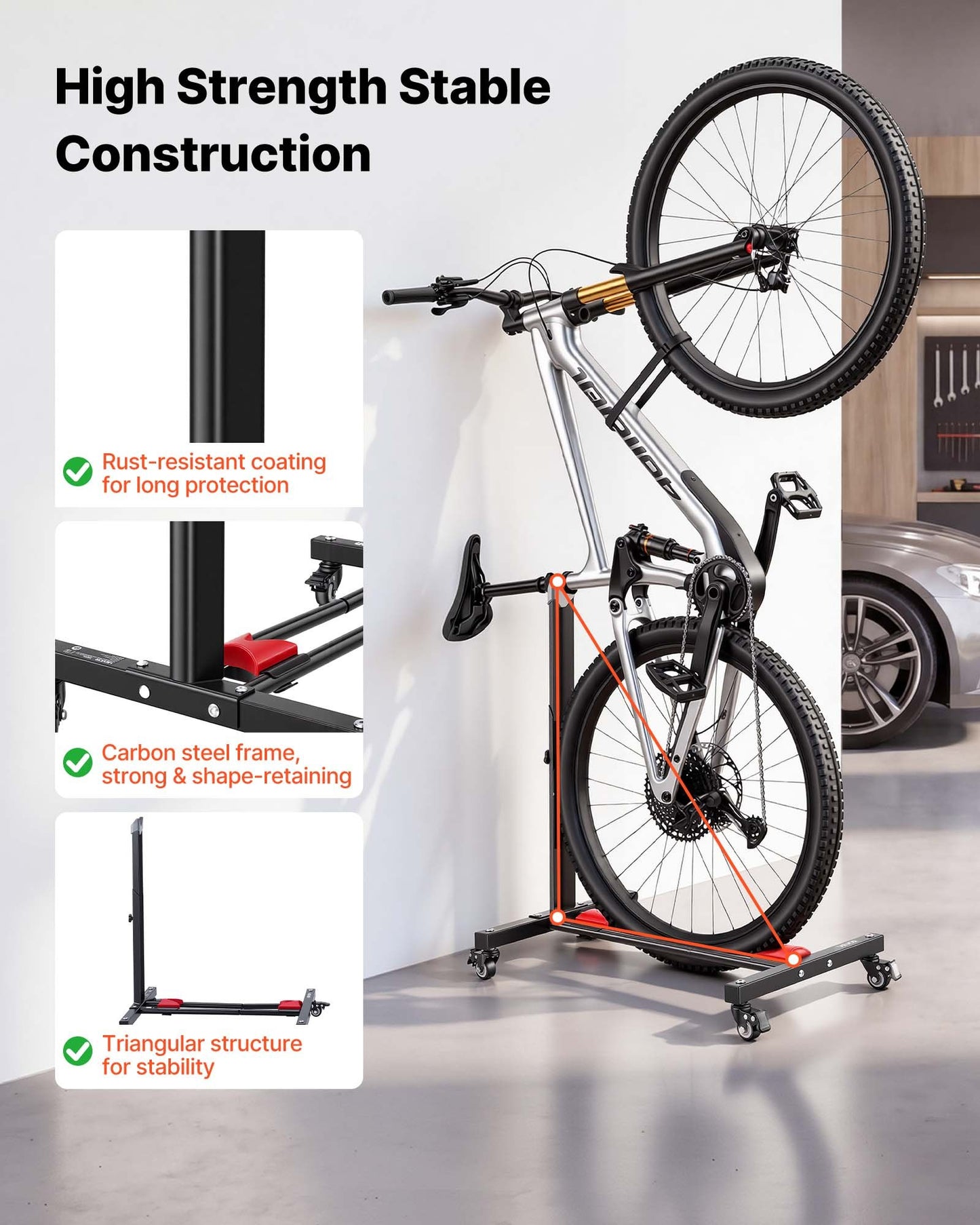 Bike Stand 2 Pack, Freestanding Vertical & Horizontal Bike Storage Rack, with Lockable Casters, Height Adjustable Carbon Steel Upright Garage Bicycle Floor Stand, for 508-737 mm Wheels, Black