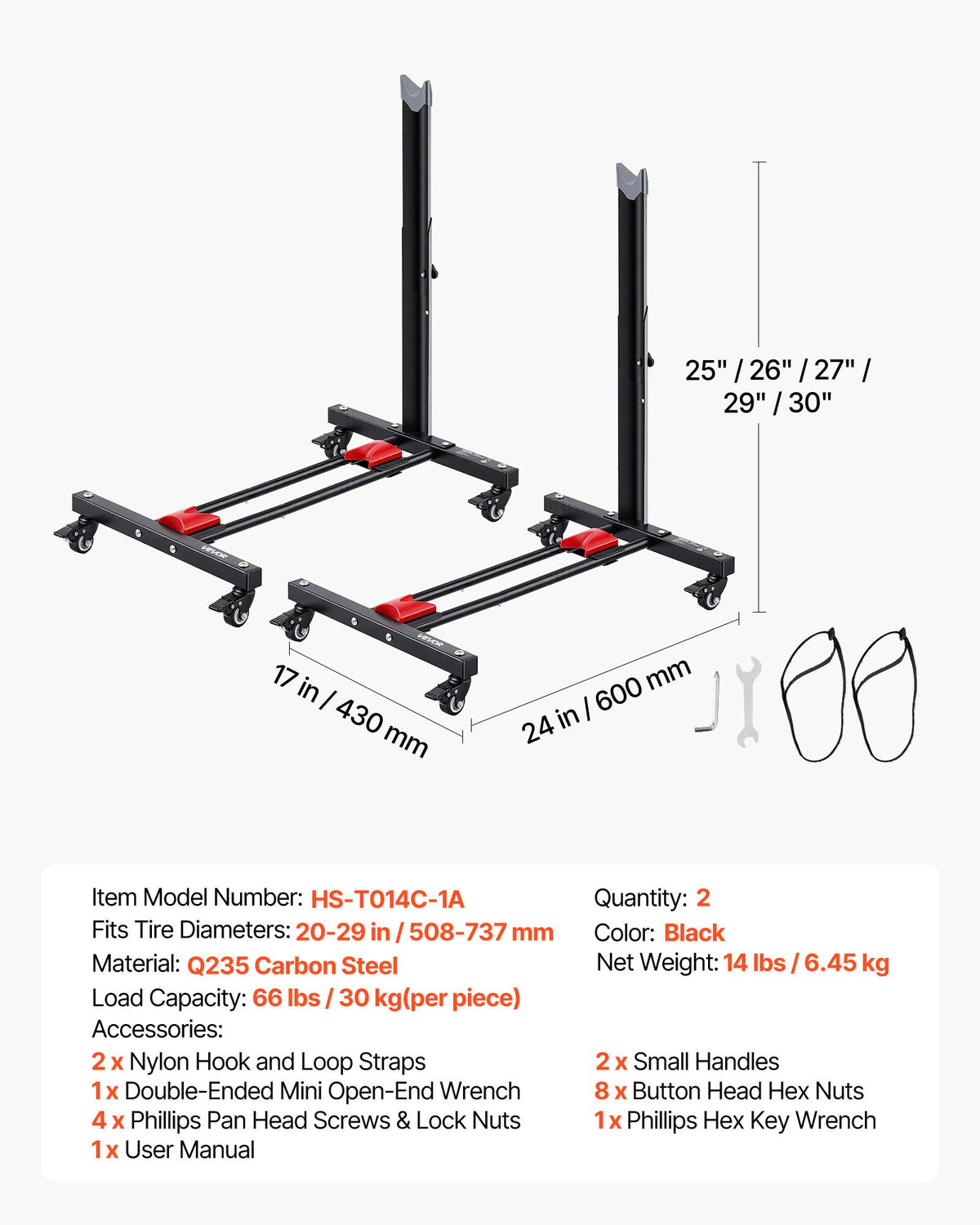 Bike Stand 2 Pack, Freestanding Vertical & Horizontal Bike Storage Rack, with Lockable Casters, Height Adjustable Carbon Steel Upright Garage Bicycle Floor Stand, for 508-737 mm Wheels, Black