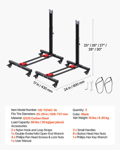 Bike Stand 2 Pack, Freestanding Vertical & Horizontal Bike Storage Rack, with Lockable Casters, Height Adjustable Carbon Steel Upright Garage Bicycle Floor Stand, for 508-737 mm Wheels, Black