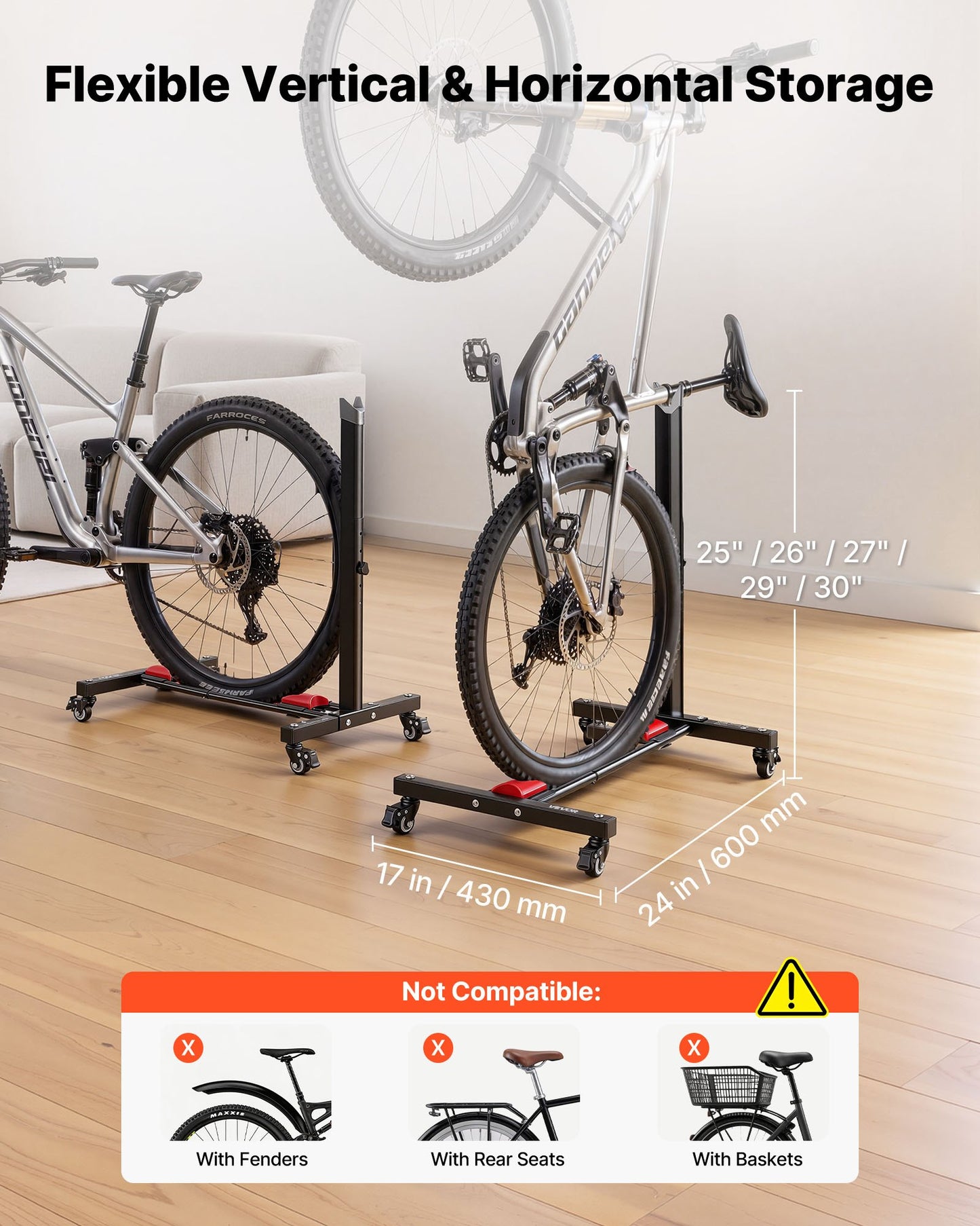 Bike Stand, Freestanding Vertical & Horizontal Bike Storage Rack, with Lockable Casters, Height Adjustable Carbon Steel Upright Garage Bicycle Floor Stand, for 508-737 mm Wheel Diameters, Black