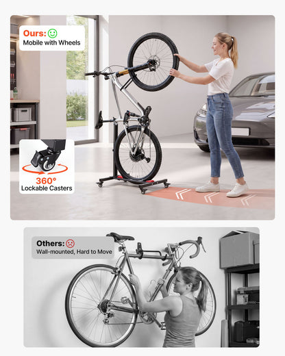 Bike Stand, Freestanding Vertical & Horizontal Bike Storage Rack, with Lockable Casters, Height Adjustable Carbon Steel Upright Garage Bicycle Floor Stand, for 508-737 mm Wheel Diameters, Black