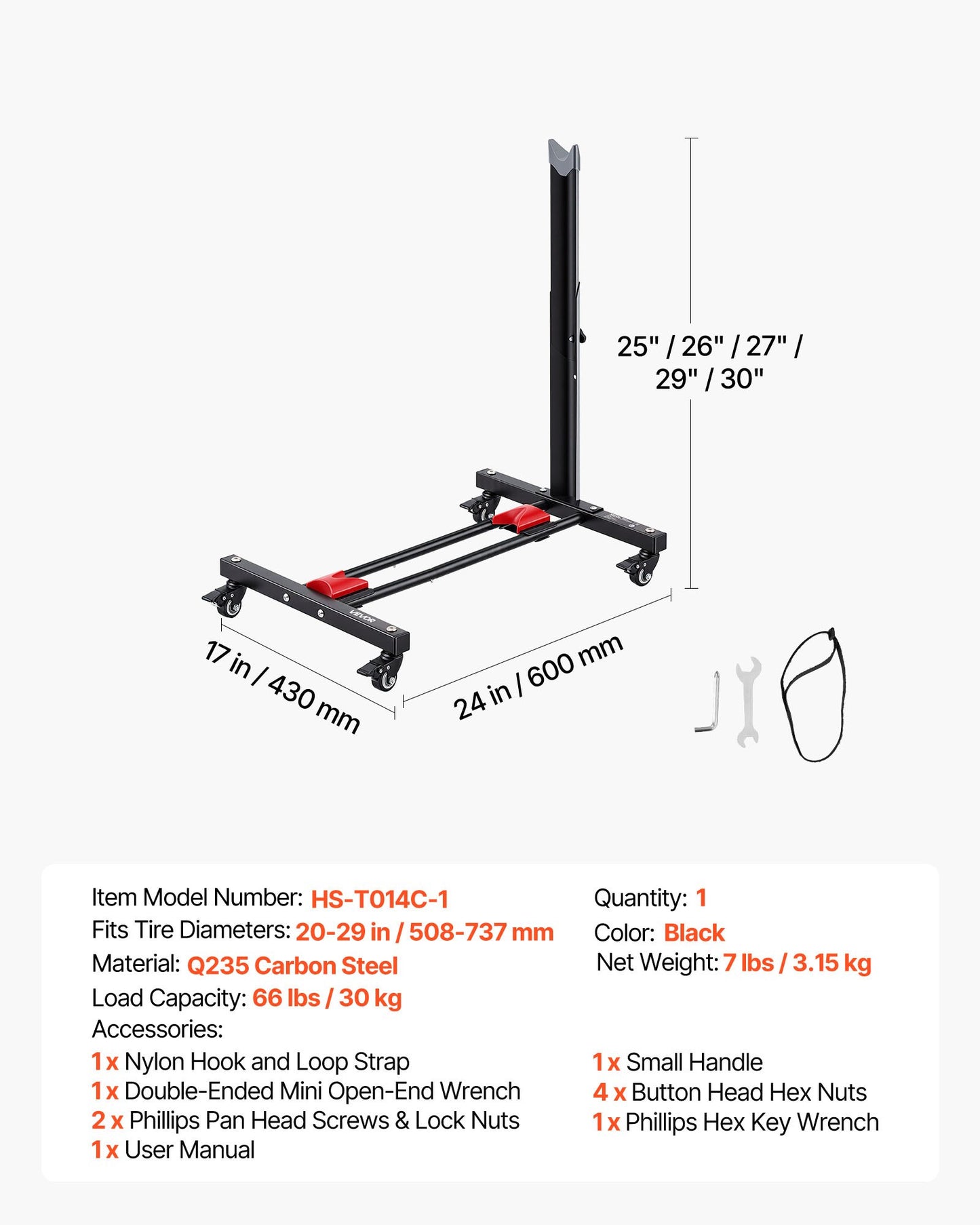 Bike Stand, Freestanding Vertical & Horizontal Bike Storage Rack, with Lockable Casters, Height Adjustable Carbon Steel Upright Garage Bicycle Floor Stand, for 508-737 mm Wheel Diameters, Black