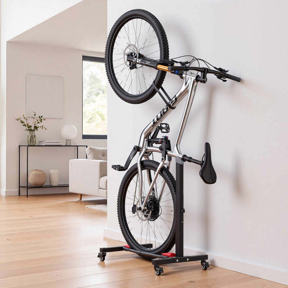 Bike Stand, Freestanding Vertical & Horizontal Bike Storage Rack, with Lockable Casters, Height Adjustable Carbon Steel Upright Garage Bicycle Floor Stand, for 508-737 mm Wheel Diameters, Black