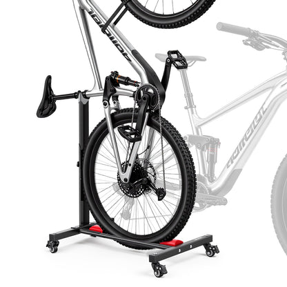 Bike Stand, Freestanding Vertical & Horizontal Bike Storage Rack, with Lockable Casters, Height Adjustable Carbon Steel Upright Garage Bicycle Floor Stand, for 508-737 mm Wheel Diameters, Black