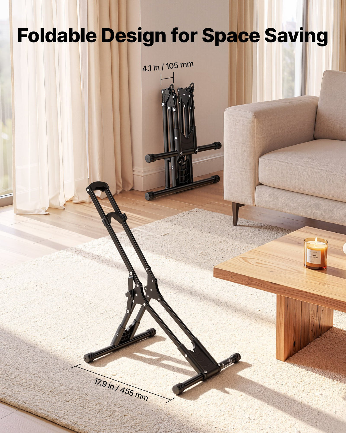 Bike Stand, Foldable Freestanding Bike Storage Rack, Carbon Steel Garage Bicycle Floor Stand, Fits 508-737 mm Wheel Diameters, Drill-Free Installation, Ideal for Garage, Apartment, Home, Black