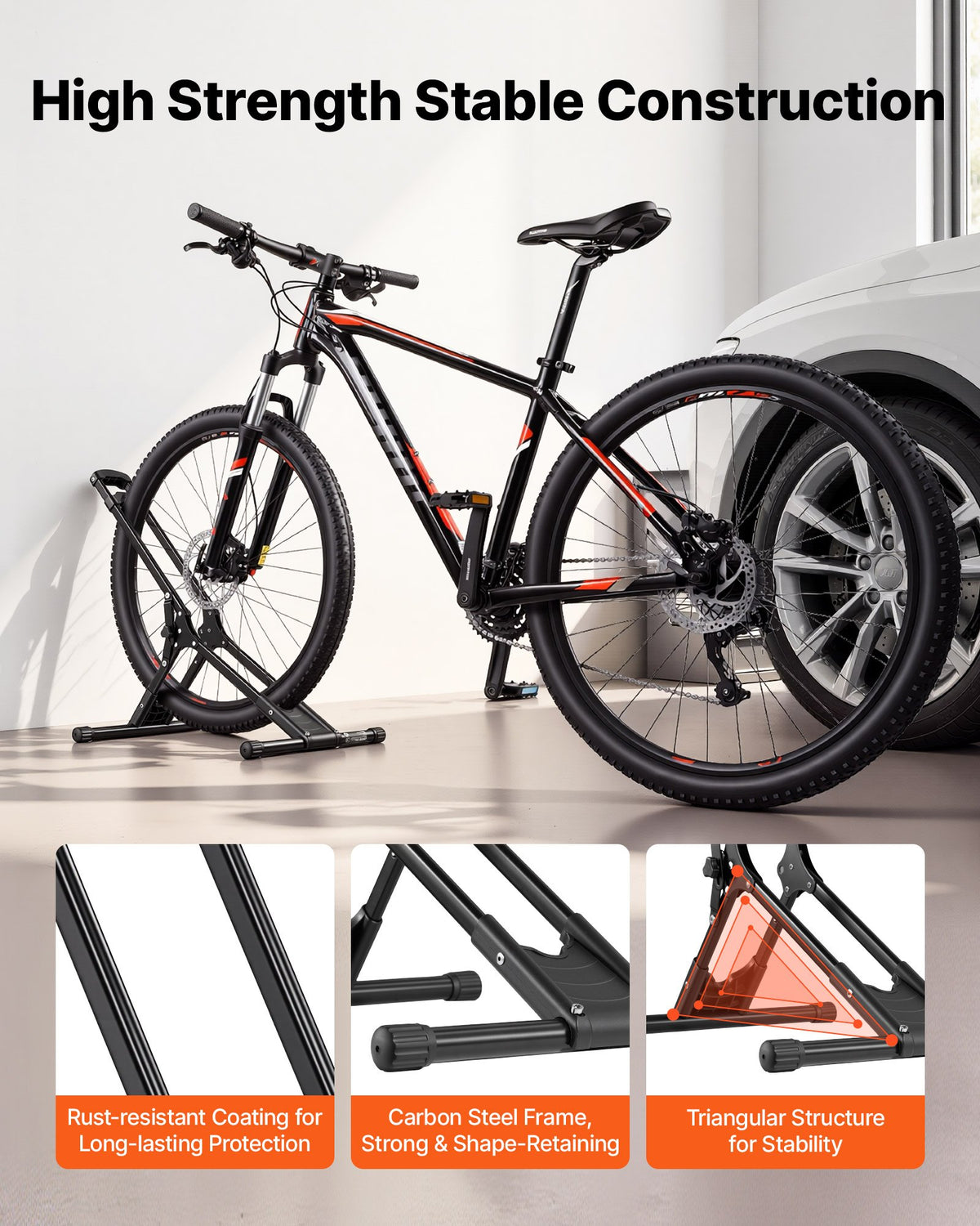 Bike Stand, Foldable Freestanding Bike Storage Rack, Carbon Steel Garage Bicycle Floor Stand, Fits 508-737 mm Wheel Diameters, Drill-Free Installation, Ideal for Garage, Apartment, Home, Black