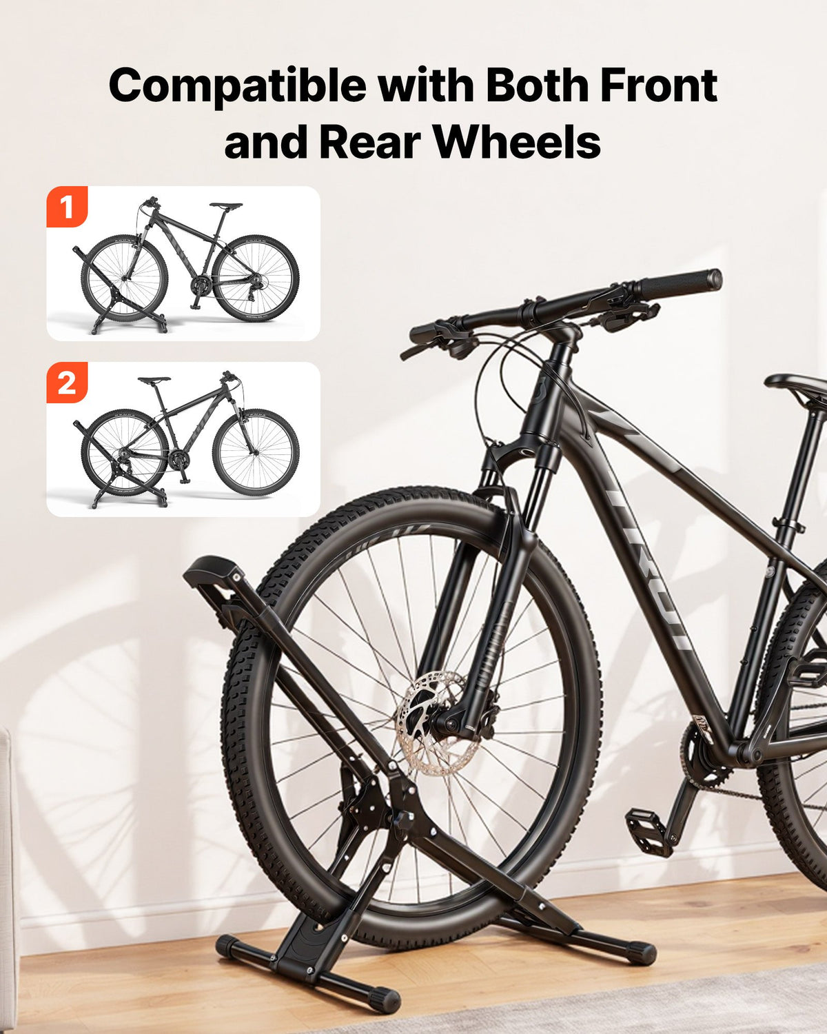 Bike Stand, Foldable Freestanding Bike Storage Rack, Carbon Steel Garage Bicycle Floor Stand, Fits 508-737 mm Wheel Diameters, Drill-Free Installation, Ideal for Garage, Apartment, Home, Black