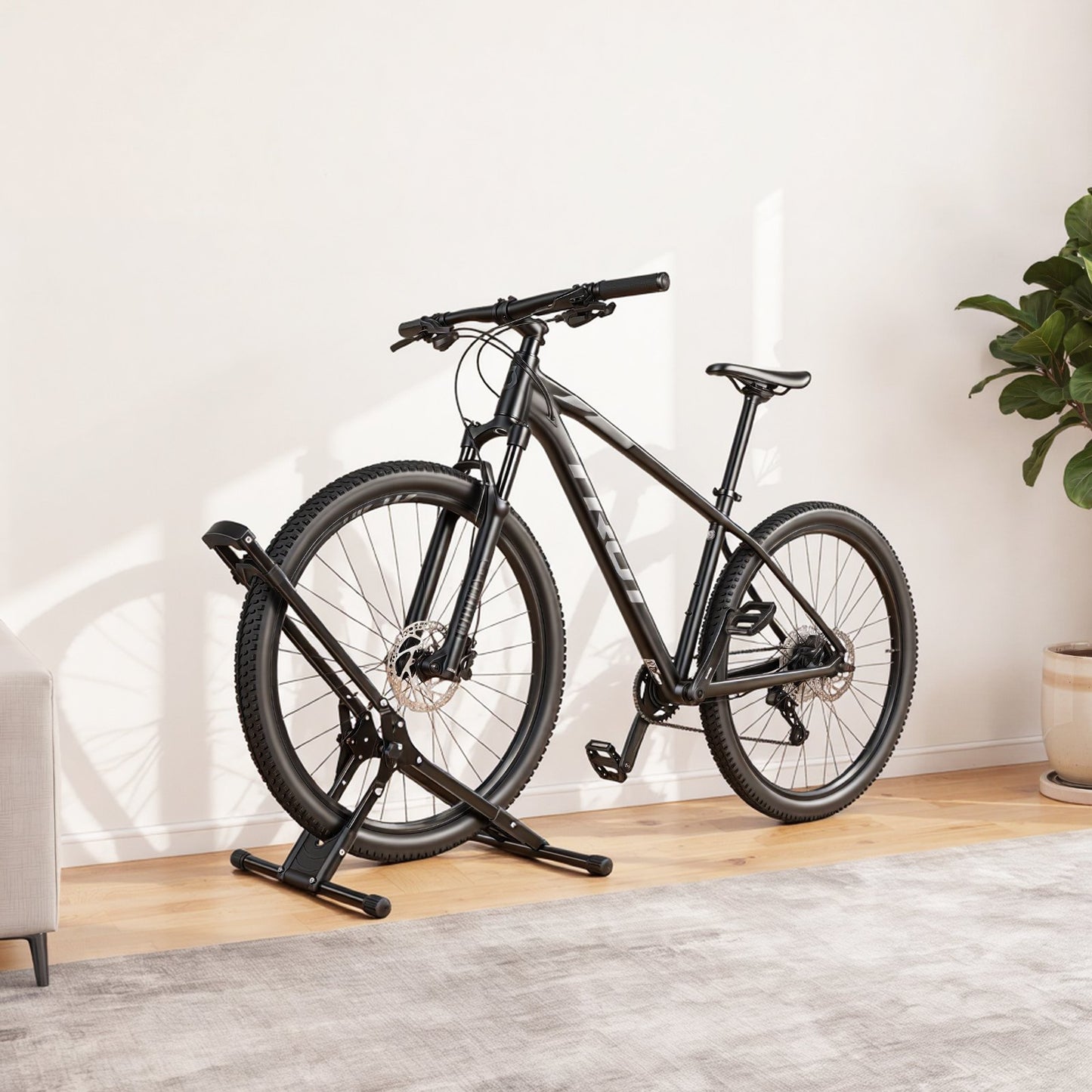 Bike Stand, Foldable Freestanding Bike Storage Rack, Carbon Steel Garage Bicycle Floor Stand, Fits 508-737 mm Wheel Diameters, Drill-Free Installation, Ideal for Garage, Apartment, Home, Black