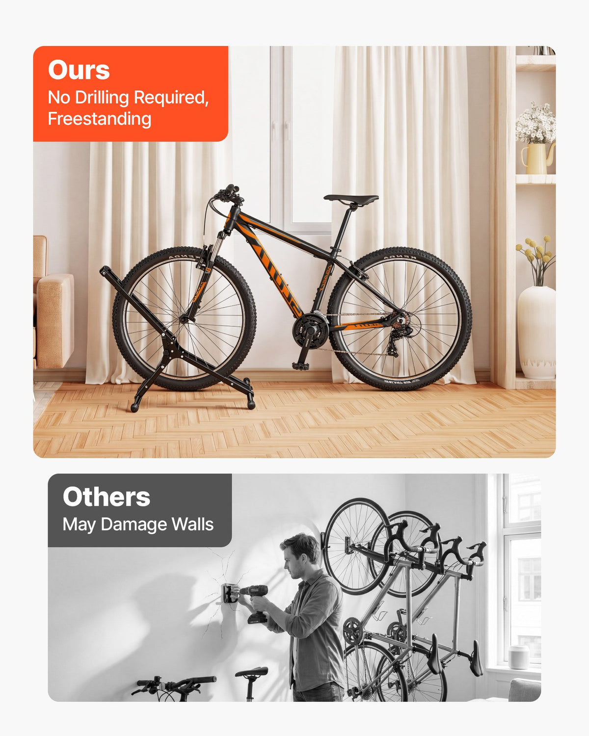 Bike Stand 2 Pack, Foldable Freestanding Bike Storage Rack, Carbon Steel Garage Bicycle Floor Stand, Fits 508-737 mm Wheel Diameters, Drill-Free Installation, for Garage, Apartment, Home, Black