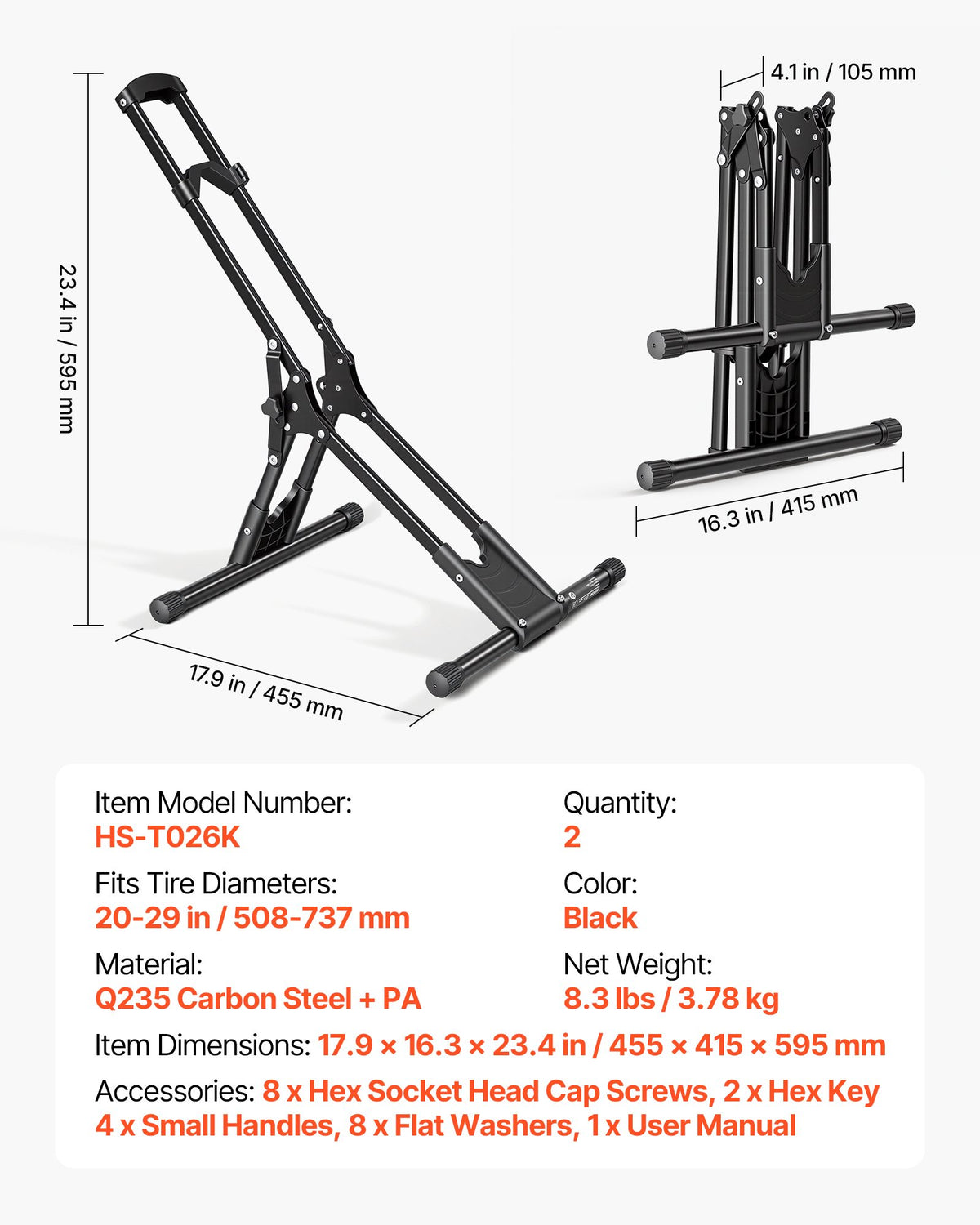 Bike Stand 2 Pack, Foldable Freestanding Bike Storage Rack, Carbon Steel Garage Bicycle Floor Stand, Fits 508-737 mm Wheel Diameters, Drill-Free Installation, for Garage, Apartment, Home, Black