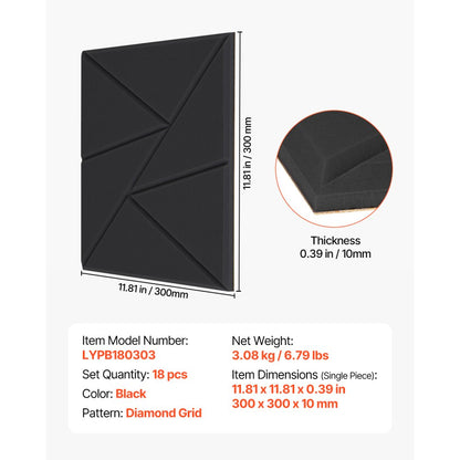 VEVOR 18 Pack Acoustic Wall Panels 30 x 30 x 5 cm Self-Adhesive Black