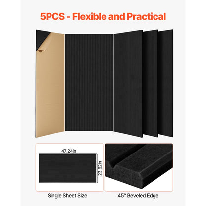 VEVOR 5 Pack Acoustic Wall Panels 120 x 60 x 5 cm Self-Adhesive Black