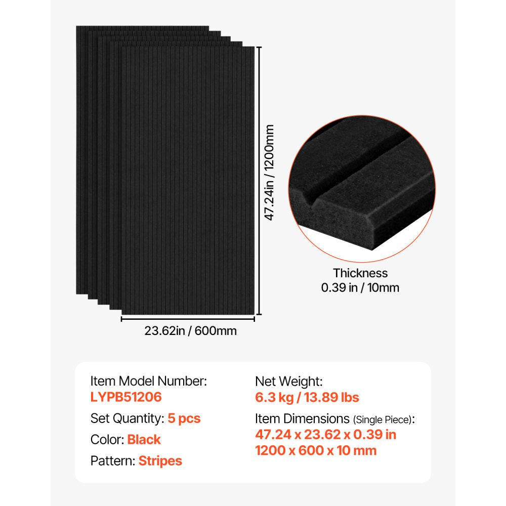 VEVOR 5 Pack Acoustic Wall Panels 120 x 60 x 5 cm Self-Adhesive Black