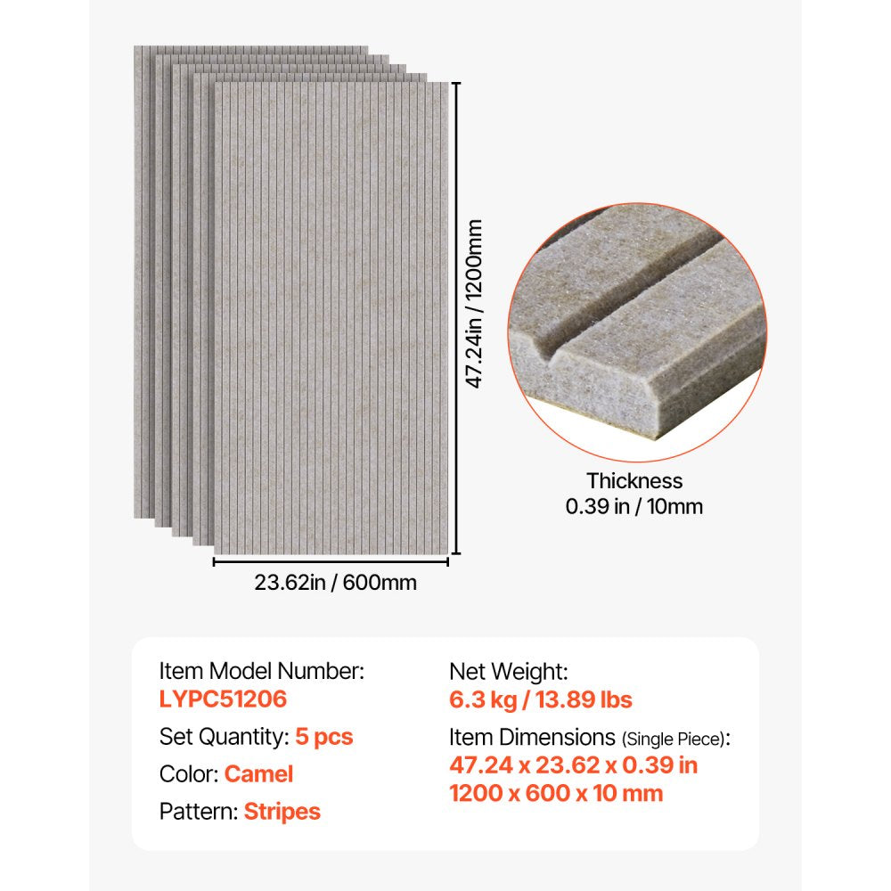 VEVOR 5 Pack Acoustic Wall Panels 120 x 60 x 5 cm Self-Adhesive Camel