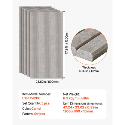 VEVOR 5 Pack Acoustic Wall Panels 120 x 60 x 5 cm Self-Adhesive Camel