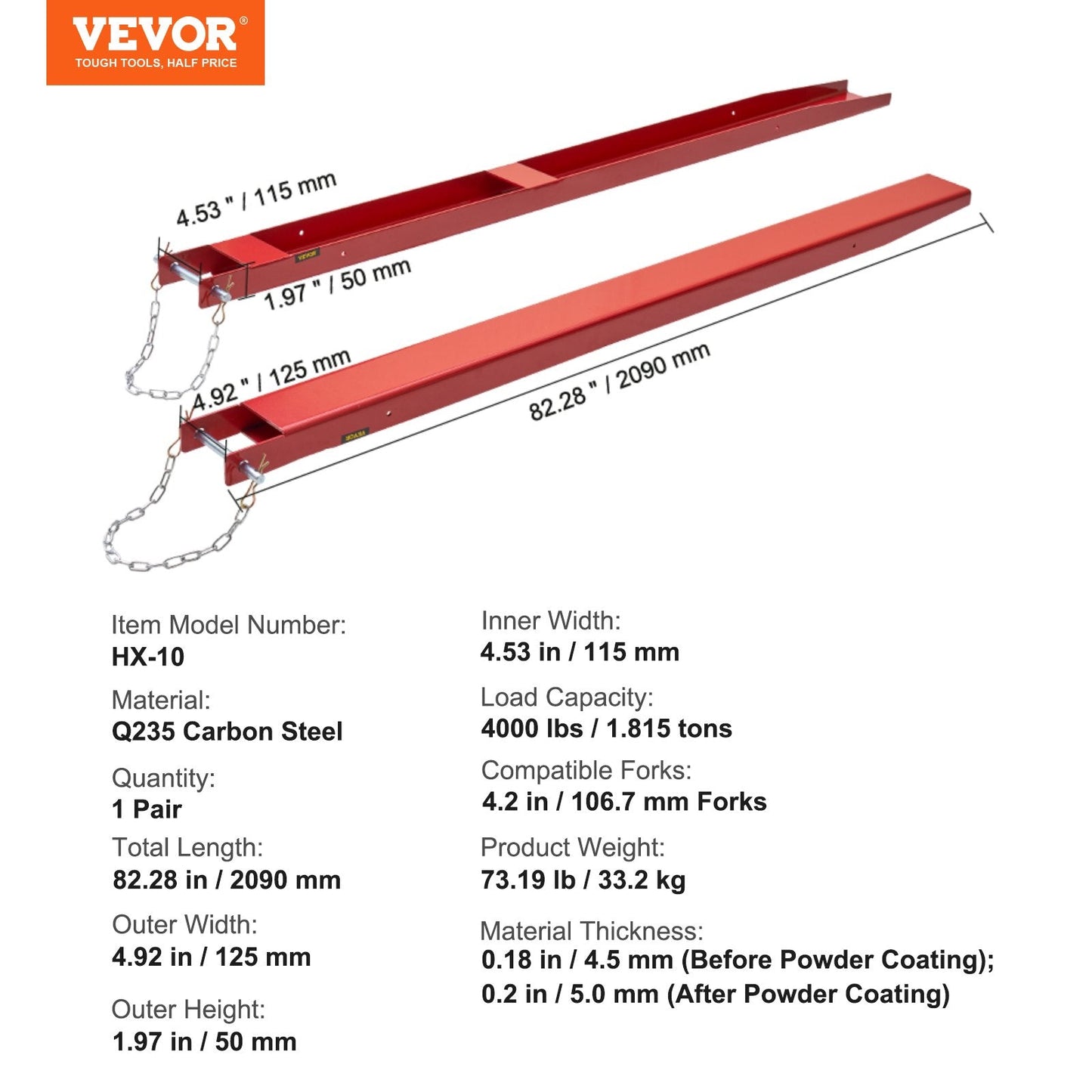 Heavy Duty 2.09m Forklift Extensions, Carbon Steel, 1.815 Tons Capacity