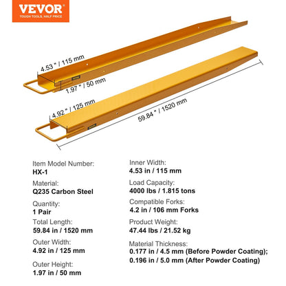 Heavy Duty 1.52m Steel Forklift Extensions, 115mm Width, 1.815 Ton Capacity