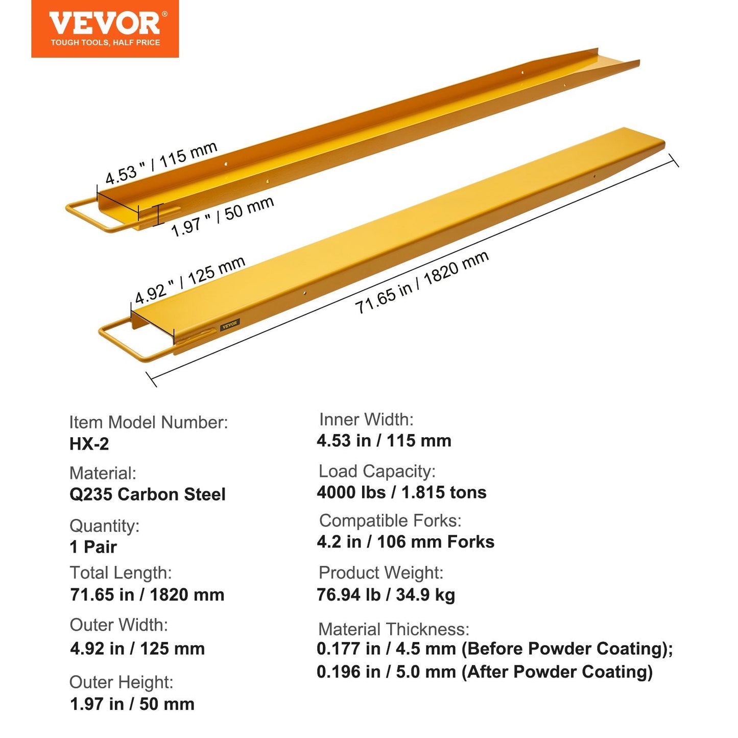 Heavy Duty 1.82m Pallet Fork Extensions, Carbon Steel, Yellow, 1 Pair